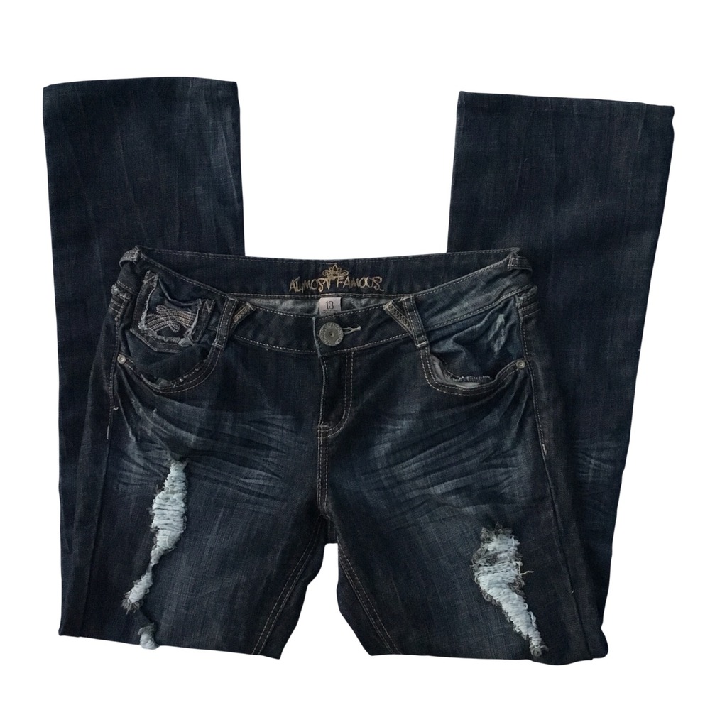 Almost Famous Distressed Bootcut Jeans Dark Wash Y2K Ripped Size 13